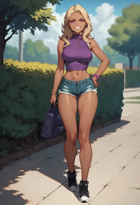 ((High Quality image 10k)) (( perfect autonomy)) Masterpiece, Solo girl, dark tan skin, blonde hair purple eyes, evil smug grin, wearing purple sleeveless shirt, blue jean shorts, shorts coming off, cute panties, beautiful legs, full body, Standing, in the...