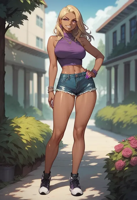 ((High Quality image 10k)) (( perfect autonomy)) Masterpiece, Solo girl, dark tan skin, blonde hair purple eyes, evil smug grin, wearing purple sleeveless shirt, blue jean shorts, shorts coming off, cute panties, beautiful legs, full body, Standing, in the...