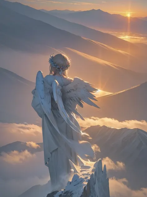 an angel of sublime beauty, from behind, observes a wonderful sunrise that appears at the top of the mountains above a sea of ​​...