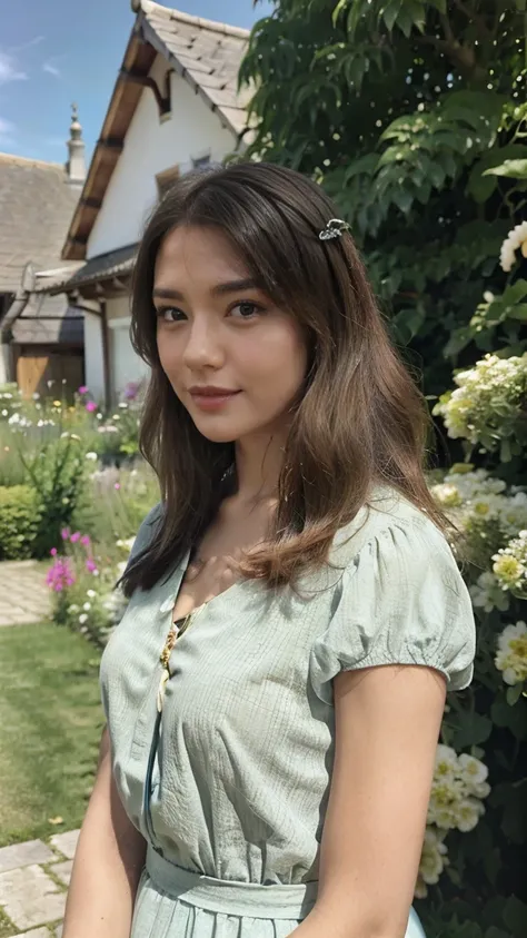 Une jeune femme de 20 ans avec des cheveux bruns et des yeux clairs se tient dans un grand jardin public. Elle porte une robe verte élégante qui ondule légèrement avec la brise. Le jardin est rempli de fleurs colorées et darbres majestueux, créant une atmo...