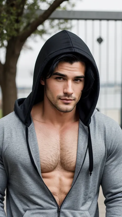 A model of A sexy man wearing a hoodie, handsome face,(black hair), (penis,and testicles 1.2), homoerotic, nsfw ,  , posing for photo shoot, ultra HD, 16k resolution 