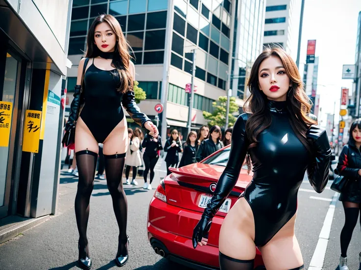 high quality, high resolution,Scenery of the city in Japan,One girl with multiple girls in the background,Detailed output of the girl in the background,Super high leg leotard made of spandex,Spandex long gloves The girl in the background is also wearing th...