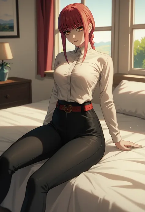 score_9_up, score_8_up, score_7_up, 1girl, solo, mature female, ((Makima)), ((red braided hair)), yellow eyes, pink lips, parted lips, fit slim body,(((perfect erected medium breast))) (((white shirt, black tight pants, belt))), (((highly detailed bedroom,...