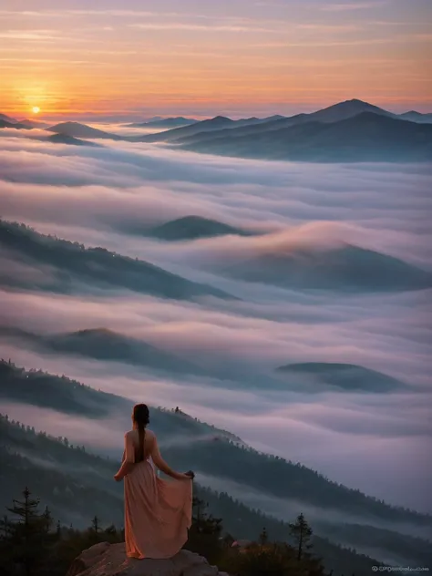 an angel of sublime beauty, from behind, observes a wonderful sunset that appears at the top of the mountains above a sea of ​​fog