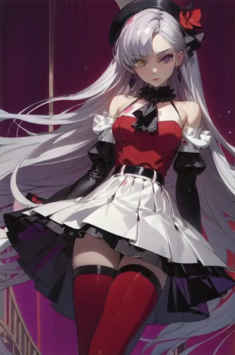 (masterpiece),best quality,1girl,cowboy_shot,medium_shot,thighs,looking at viewer,Look directly,silver gray long hair,pale skin,earrings,silver hair,red eyes,long hair,diamond choker,black ascot,detached collar,center frills,red dress,red detached sleeves,...