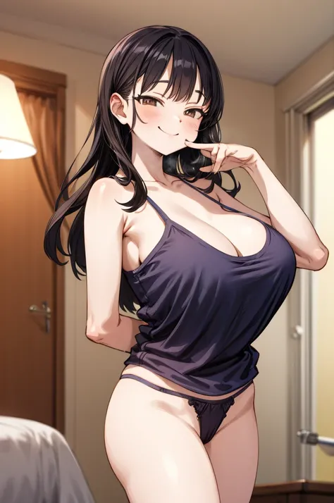 huge breasts,6yo,masterpiece, best quality, highres, aaanna, long hair, brown eyes, , smile, my room,camisole,panties,nsfw