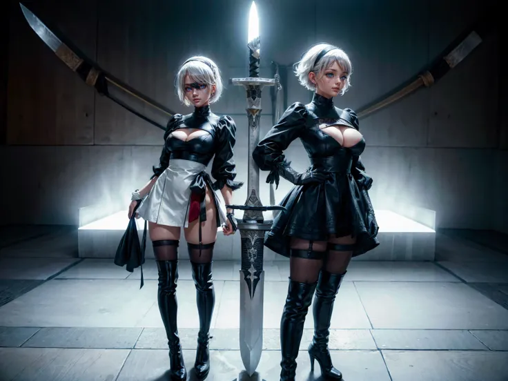 2B, 1girl, solo, short hair, thighhighs, gloves, long sleeves, dress, holding, cleavage, medium breasts, standing, full body, weapon, white hair, hairband, boots, puffy sleeves, sword, black thighhighs, black footwear, holding weapon, mole, black dress, hi...