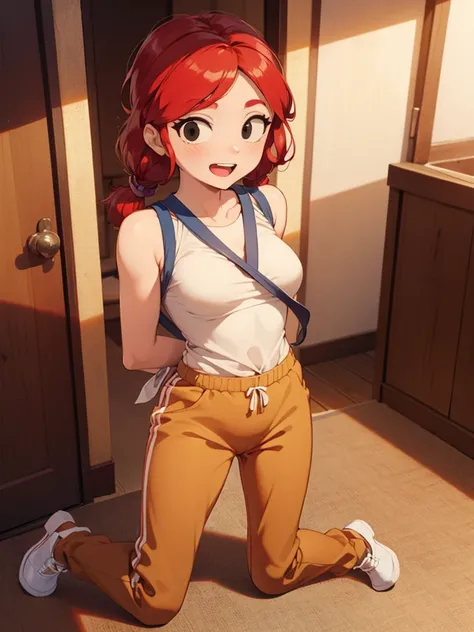 jbrawl, black eyes, happy, twintails, red hair, red twintails hair, low twintails, happy, white t-shirt, sleeveless t-shirt, t-shirt connected to trackpants, yellow colored trackpants, trackpants, short trackpants, bondage, tied up, both hand tied up behin...