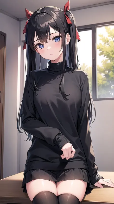 rintohsaka, rin tohsaka kyockcho, aqua eyes, (black hair:1.5), hair ribbon, long hair, ribbon, sidelocks, two side up, (parted bangs:1.5),
BREAK black skirt, black thighhighs, long sleeves, miniskirt, pleated skirt, (red sweater:1.5), skirt, sweater, thigh...