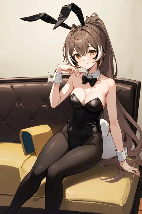 masterpiece, best quality, absurdres, perfect antomy, nanashi mumei, 1girl, solo, black leotard, cleavage, detached collar, fake animal ears, high heels, pantyhose, perspective, playboy bunny, rabbit ears, sitting, smile, very long hair, wrist cuffs, ponyt...