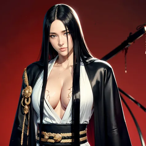 （（（Perfect figure，figure，black Japanese clothing,feather woven, （（（bleach，（（（Scars on the chest）））, red eyes,Unohana））），S-shaped figure:1.7））），((masterpiece)),high resolution, ((Best quality at best))，masterpiece，quality，Best quality，（（（ Exquisite facial f...