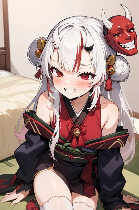 masterpiece, best quality, absurdres, perfect anatomy, 1girl, solo, Nakiri Ayame, long hair, double bun, AyameBase, black kimono, hair bell, obi, white thighhighs, bare shoulders, sleeveless, oni mask, mask on head, grin,(sweating),blush,my room