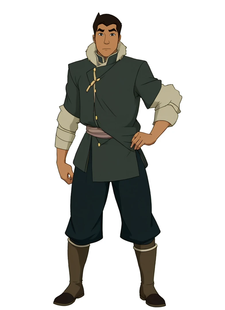 African-American male Bolin , the legend of Korra character, purple water tribe outfit, dark purple pants, fur collar, clothing from the water tribe, side shaved hair African-American 