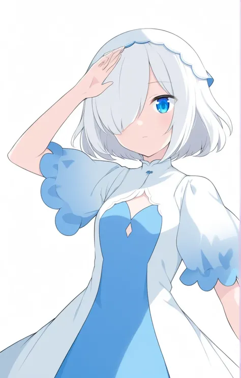 one anime girl, blue eyes, white hair, medium hair, hair covers one eye, white and blue dress,
