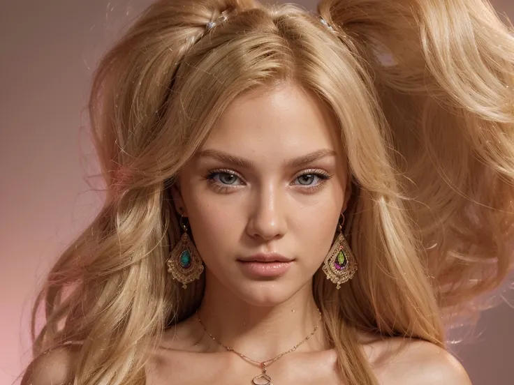 Create super high resolution 3d close-up image of a blonde Bella. 24 years old. Long blonde hair. Wears an earrings, necklece. Hyper realistic. Ultra detailed. Sharp focus. The image is rendered in animated art style, ensuring a visually stunning presentat...