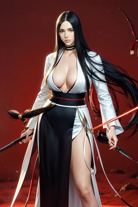 （（（Perfect figure，figure，black Japanese clothing,feather woven, （（（bleach，（（（Scars on the chest）））, red eyes,Unohana））），S-shaped figure:1.7））），((masterpiece)),high resolution, ((Best quality at best))，masterpiece，quality，Best quality，（（（ Exquisite facial f...