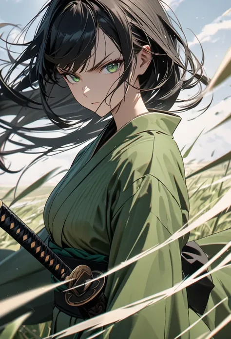 Young woman, perfect anatomic draw, perfect eyes, long black hair, beautiful eyes, straight bangs down, green eyes, beautiful, (green kimono), in the field, serious face, serious woman, wind blowing, fighting with a katana, 8k, high quality, full HD.