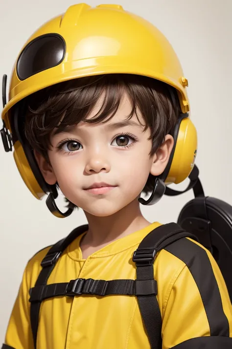 Create a prompt for an image of a 4-year-old boy, wearing a yellow and black jumpsuit, curled brown hair, white skin, brown eyes, wearing a foremans helmet, with a white background and Disney Studios style