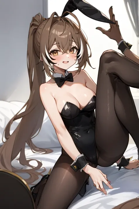 masterpiece, best quality, absurdres, perfect antomy, nanashi mumei, 1girl, solo, black leotard, cleavage, detached collar, fake animal ears, high heels, pantyhose, perspective, playboy bunny, rabbit ears, , smile, very long hair, wrist cuffs, ponytail, , ...