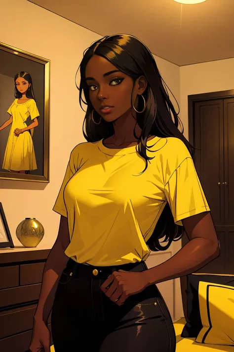 Dark skin young woman in a soft yellow shirt, long black hair, boho chic luxury home interior 