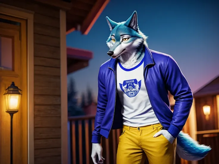 Porsha is a tall Arctic-gray wolf with yellow eyes and bluish-grey and white fur. She wears purple sunglasses, a dark blue jacket with multicolored accents, yellow trousers, grey and white sneakers, and a blue vintage t-shirt, anthro wolf, female, adult, b...