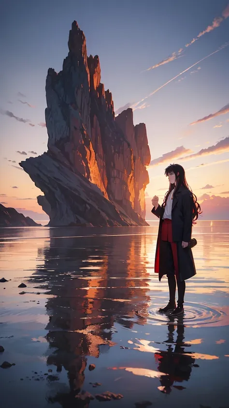 Pictures of a natural scene that could be the cover of a novel in which a person appears standing on the side of a mountain and looking at the expanse of the sea, which appears to be red in color from the reflection of the crimson moonlight in the sea. The...