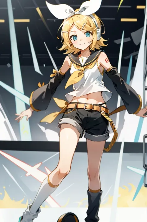 masterpiece, best quality, absurdres, perfect anatomy, 1girl, solo, Kagamine Rin, short hair, hair ribbon, number tattoo, bow, white shirt, detached sleeves, belt, sailor collar, headphones, shorts, leg warmers, standing, smile, cowboy shot, indoors, on st...