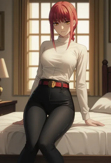 score_9_up, score_8_up, score_7_up, 1girl, solo, mature female, ((Makima)), ((red braided hair)), yellow eyes, pink lips, parted lips, fit slim body,(((perfect erected medium breast))) (((white shirt, black tight pants, belt))), (((highly detailed bedroom,...