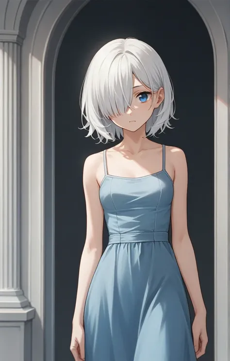 score_9, score_8_up, score_7_up, score_6_up, score_5_up, score_4_up, BREAK source_anime, one anime girl, blue eyes, white hair, medium hair, hair covers one eye, white and blue dress,