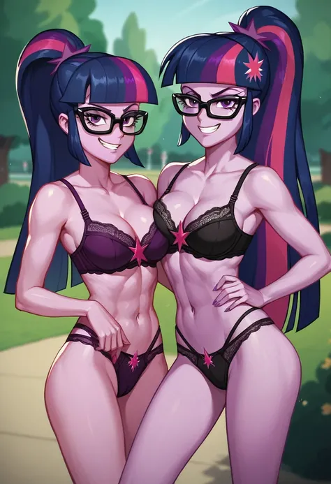 Twilight Sparkle, wearing sexy bra and panties, black glasses, ponytail, evil smug grin, Standing in the park, twilight Sparkle equestria girls, twilight Sparkle, cuerpo completo, high resolusion