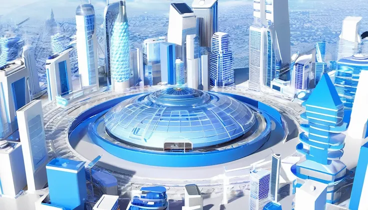 Create a 3D-style smart city scene blue and white scheme, Centered around Earth architecture,showcasing elements such as smart transportation systems, smart buildings, digital governance, and intelligent environmental monitoring --ar 16:9 --v 6.0