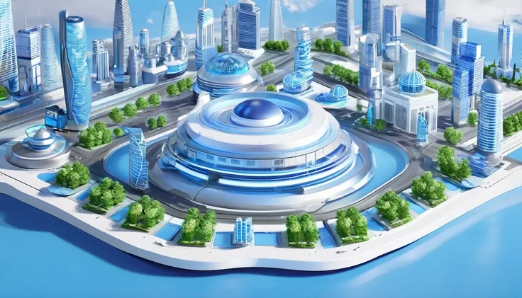 create a 3d-style smart city scene blue and white scheme, centered around earth architecture,showcasing elements such as smart t...