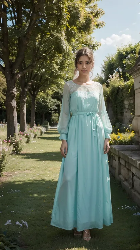 Une jeune femme de 20 ans avec des cheveux bruns et des yeux clairs se tient dans un grand jardin public. Elle porte une robe verte élégante qui ondule légèrement avec la brise. Le jardin est rempli de fleurs colorées et darbres majestueux, créant une atmo...