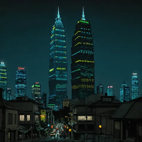 (masterpiece), (graffiti),, (street), (taipei city neon lights), (blue tint), (skyscrapers), (realistic illustration), (cinematic), (night), (city skylines), , (traffic lights), (one hip hop man back silhouette sitting)