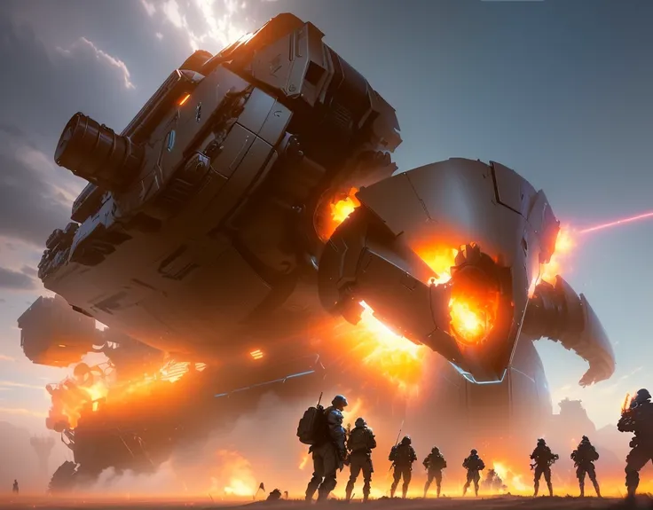 a group of people standing around a giant robot in a field, wojtek fus, fps game concept art, epic fantasy sci fi illustration, sergey kolesov concept art, jessica rossier fantasy art, concept art 4 k, concept art 4k, epic digital concept art, concept art ...