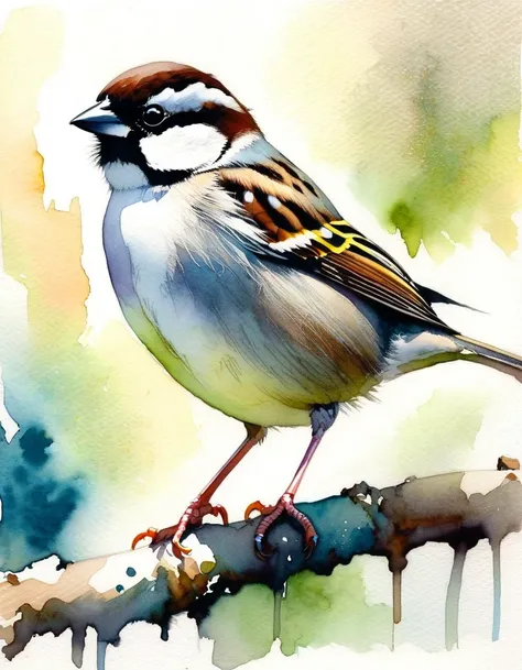 realistic watercolor of a sparrow, white background, (art inspired in Skottie Young and Bill Sienkiewicz). oil painting)

