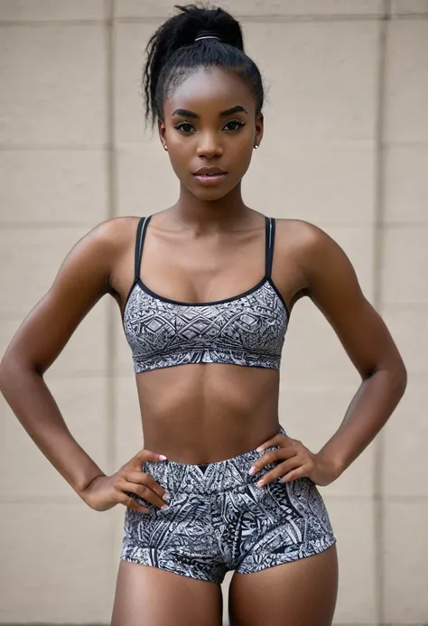 20 year old black african woman, black hair blackpower perfect face, wearing thin strap bra and sexy short tight gym shorts