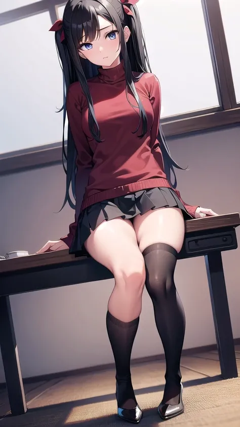 rintohsaka, rin tohsaka kyockcho, aqua eyes, (black hair:1.5), hair ribbon, long hair, ribbon, sidelocks, two side up, (parted bangs:1.5),
BREAK black skirt, black thighhighs, long sleeves, miniskirt, pleated skirt, (red sweater:1.5), skirt, sweater, thigh...