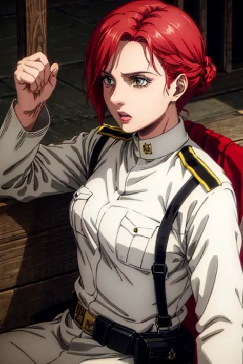 30 year old woman, channel red hair, gold eyes, neutral expression, white military uniform, liberia, marley