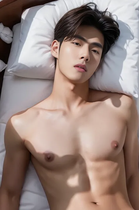 Ultra photorealistic, 20 year old, handsome model, Korean man, nude, on top of the bed, penis, Top view, expression of ecstasy/orgasmic, cumshot, cum on chest and face