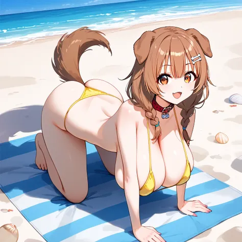 (huge breasts:1.4) (masterpiece) (high quality) (best quality) (1girl), (solo), (slim waist:1.3), (looking at viewer), Inugami Korone, vtuber, full body portrait, dog ears, yellow tiny bikini thong, yellow tiny bikini bra, detailed eyes, dog tail, on towel...