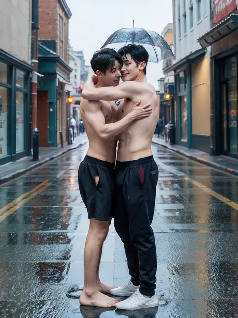 Two boys hugging，in the street, under the heavy rain，Raised sexy, wear thong underwear, show abs, topless,