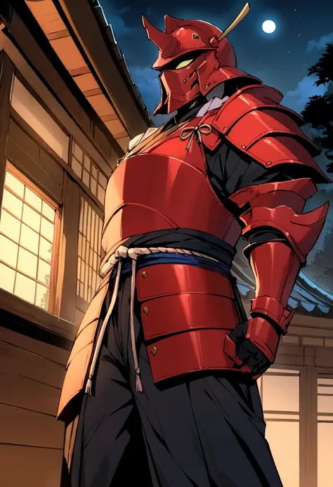 Masterpiece, best quality, Samurai in red armor(Best quality)​, moon, Old Japanese house,Night, 