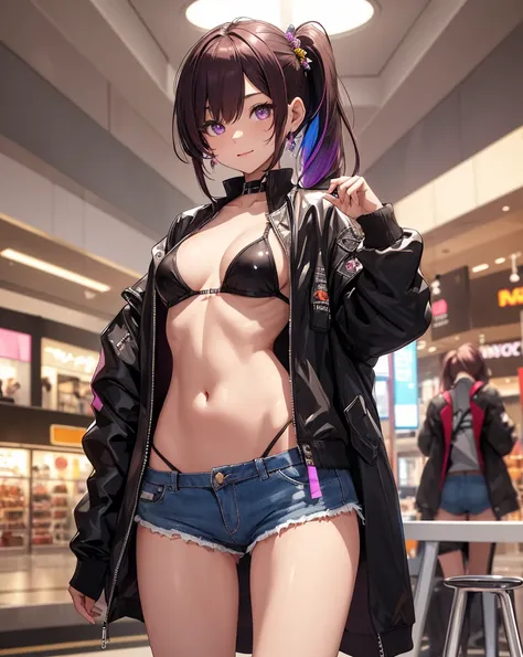 ((master part)), best quality, absurderes, ultra detaild, Holographic, cowboy shot, proportion Aurea, super cute girl,  Madura, Idol girl, Super beautiful asian girl with very cute violet bright eyes, Beautiful multicolored bright brown hair, high ponytail...