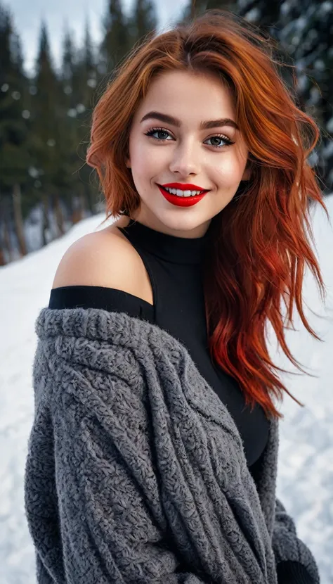 ultrarealistic high quality full body photo of a beautiful super busty slim european 19-year-old woman with cute hyperdetailed shy face and redhead shoulder length messy hair and shy smile, realistic round black eyes, red lips, dark eye makeup with eyeline...