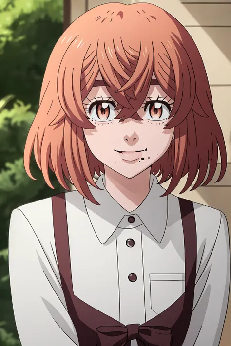 hinata-tachibana, 1girl, solo, looking at viewer, short hair, hair between eyes, brown eyes, orange hair, mole, mole under mouth, smile