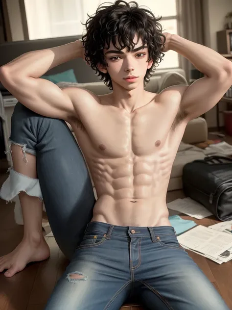 The 17 years old male actor devon bostick as rodrick heffley, black curly hair, smooth body, no abs, blue jeans pants, messy living room in the morning background, emo gay, beautiful, shirtless, lying on the sofa with legs open. 