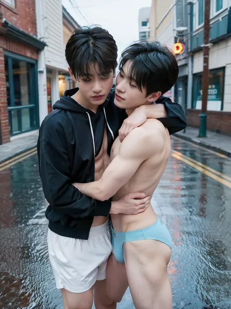 Two boys hugging，in the street, under the heavy rain，Raised sexy, wear thong underwear, show abs, topless,