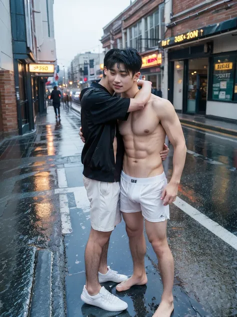 Two boys hugging，in the street, under the heavy rain，Raised sexy, wear thong underwear, show abs, topless,