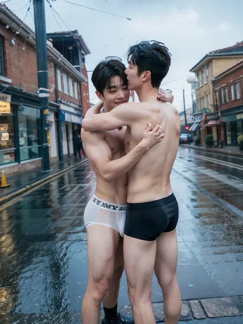 Two boys hugging，in the street, under the heavy rain，Raised sexy, wear thong underwear, show abs, topless,